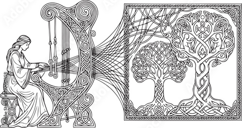 Woman playing celtic harp, transforming into a tree of life. mystical and detailed line art illustration