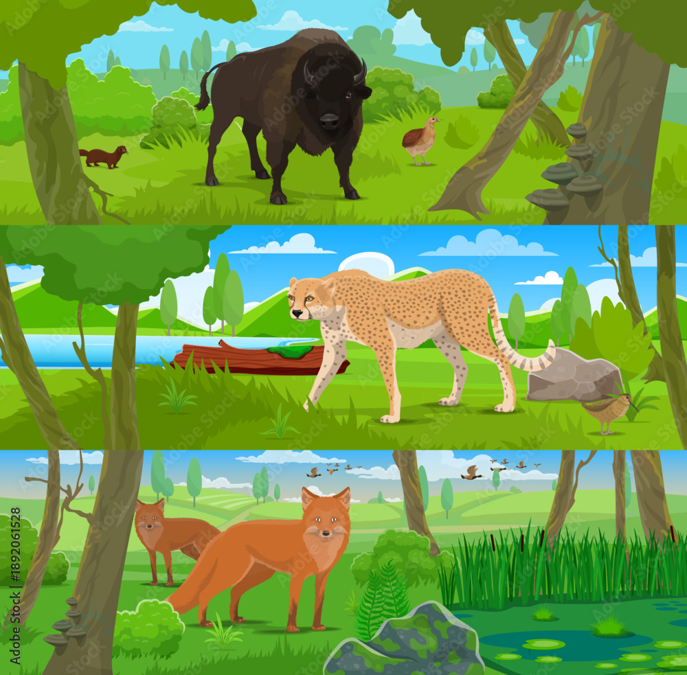 Obraz premium Cartoon wild animals, hunting sport. Vector bison, partridge bird and sable in the woods, cheetah near lake, two foxes beside green bushes. Wildlife conservation, natural park, hunting sport animals