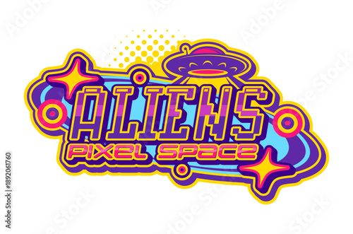 Space aliens Y2K retro icon or emblem. Space invaders Y2K vector sign, SCI-FI UFO vintage symbol. Galaxy extraterrestrial life funky emblem or aline icon with flying saucer and pixel typography