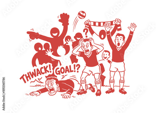 Football fans reaction artwork. Soccer game goal moment print design. Sports illustration vintage style. Excitement and disappointment. Soccer artwork
