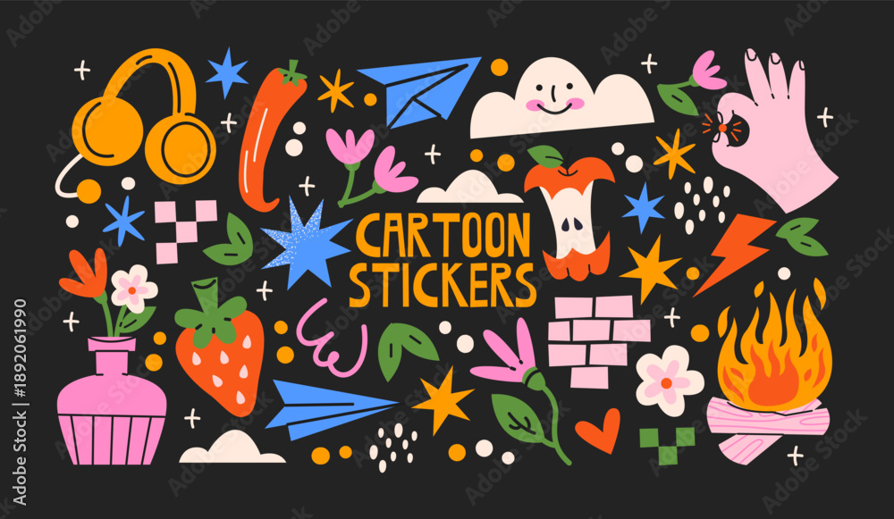 Fototapeta premium Cartoon doodle y2k patches, labels, tags, stickers, stamps in retro. Groovy cute stickers in funky hipster grunge 90s style. Vector set, trendy promo labels