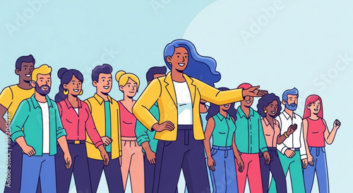Diverse group of people following a leader with blue hair and a yellow jacket on a light blue background with various colorful clothing and hairstyles