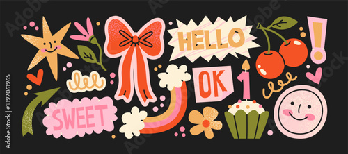 Cartoon doodle y2k patches, labels, tags, stickers, stamps in retro. Groovy cute stickers in funky hipster grunge 90s style. Vector set, trendy promo labels