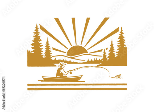 Fisherman fly fishing vector graphic. Vintage outdoor adventure illustration. Retro print for apparel and poster. Mountain lake landscape sunrise scen
