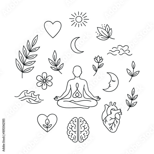 Meditating person surrounded by symbols of nature and well-being on white background Keywords: meditation yoga person silhouette lotus pose heart brain lungs moon sun flower leaf wave nature