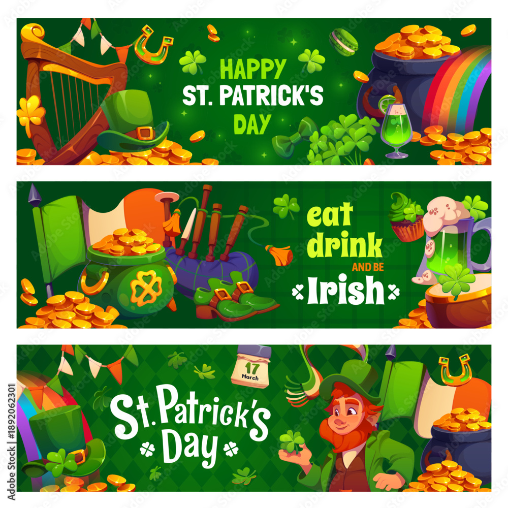 Naklejka premium Happy st Patrick day banners. Cartoon vector festive holiday greeting cards with leprechaun, pot of gold, shamrocks, Irish flag, traditional instruments, and green drinks, golden coins and rainbow