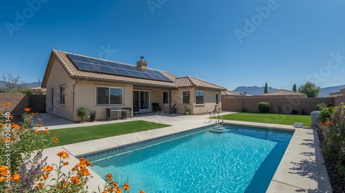 Modern suburban luxury home with swimming pool backyard sunny outdoor lifestyle real estate property