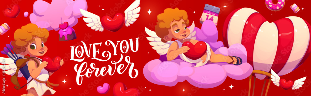 Fototapeta premium Valentine day banner with playful cupids holding hearts, surrounded by flying sweets, calendar hearts, and a heart shaped hot air balloon, with love you forever elegant text on vibrant red background