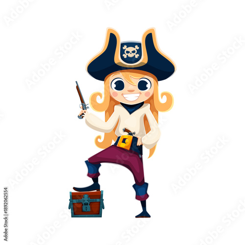 Cartoon kid girl pirate corsair with treasure chest, wielding a pistol, donning a captain tricorn hat with a skull emblem. Vector little rover child hiding loot on secret island in sea or playing game