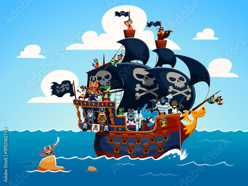 Cartoon animal pirate characters crew aboard on frigate ship with dark sails, flags and lookout towers. Corsair crocodile, elephant warrior, parrot, bear, monkey, tiger and lion, raccoon, hippo, eagle