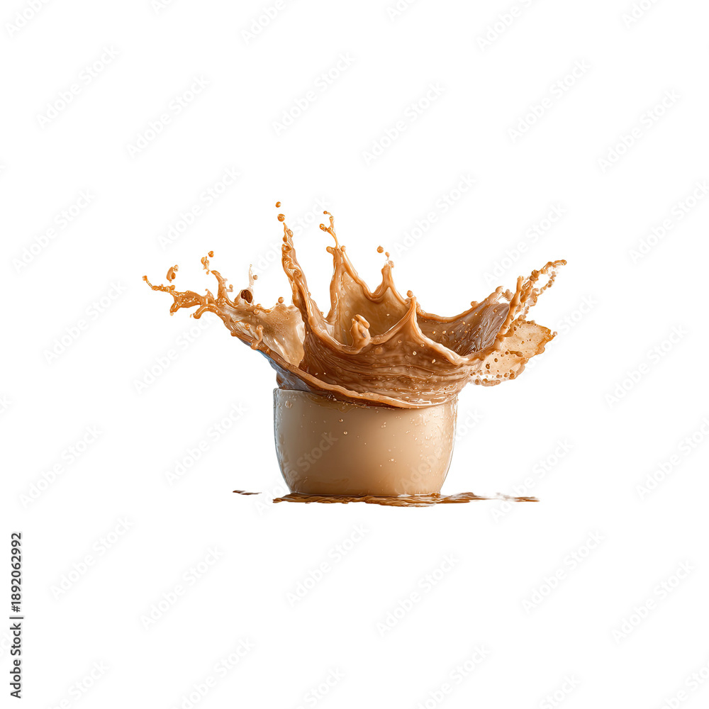 Fototapeta premium Coffee splash explosion forming crown shape in ceramic cup with flying liquid drops studio photography isolated on white background