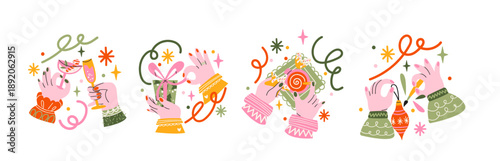 New Year gift wrapping hands in retro cartoon style. Holiday objects: presents, ribbons, ornaments. Festive packaging process, cozy winter celebration moments, decorative hand gestures for playful 