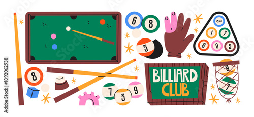 Billiard club stickers in retro cartoon style. Game objects: pool table, balls, cue sticks. Classic billiards atmosphere, leisure sport symbols, playful bar culture elements for posters and shapes