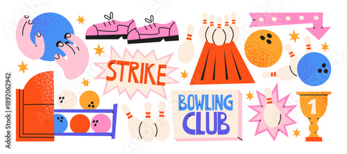 Bowling stickers in cartoon style with balls, pins, shoes and strike symbols, playful bowling club elements showing sport leisure, friendly competition and fun game night atmosphere