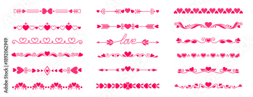 Valentine day love heart dividers and borders. Vector set of vibrant pink holiday embellishments and trims evoke love and romance for greeting cards, wedding invitations, stationery and decorations
