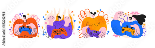 Gaming characters emotions in retro cartoon style. Game objects: controllers, consoles, hands. Emotional gameplay moments, leisure activity symbols, digital entertainment vibes for playful shapes. 
