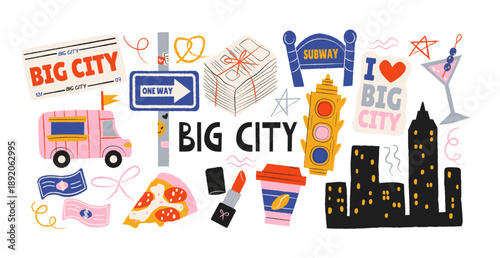 Big city urban compositions in retro cartoon style. City symbols: skyline, subway sign, traffic light, coffee cup. Metropolitan lifestyle icons, street culture objects, playful city atmosphere 