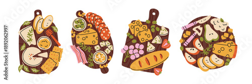 Cheese snack boards in retro cartoon style. Appetizer ingredients: cheese wedges, salami, bread, crackers, olives, fruits. Savory finger food selection for wine tastings, beer evenings and gatherings