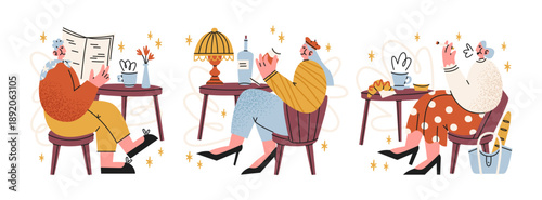 Elegant elderly French women mascots in retro cartoon style. Parisian cafe characters: reading newspaper, drinking coffee and wine, relaxed daily rituals. Chic lifestyle figures inspired by French 