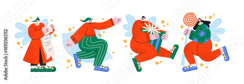 Christmas elf characters in retro cartoon style. Festive figures: gifts, candy, list, decorations. Fairy tale holiday helpers, magical winter celebration mood and cheerful Christmas preparation moment