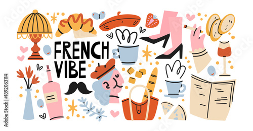 French vibe stickers in retro cartoon style. Collection with croissants, baguettes and cheese as traditional French bakery elements. Trendy illustration set about Paris, romance and cozy lifestyle.