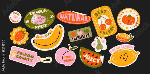 Fruits label stickers in retro cartoon style. Paper tags, fruit names, price stickers, colorful badges, grocery vibe, 90s packaging aesthetic, illustration in retro cartoon style, trendy patches
