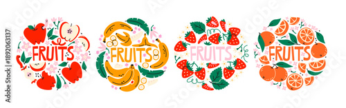 Fruit stickers compositions in retro cartoon style. Fresh produce elements: apples, bananas, strawberries, oranges, leaves. Circular food arrangements, healthy nutrition symbols and playful fruit 
