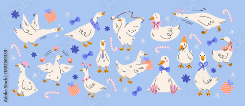 Cute geese stickers in retro cartoon style. Winter holiday elements: geese characters, bows, candy canes, gift boxes, festive poses. Cozy seasonal animal stickers for greetings, prints 