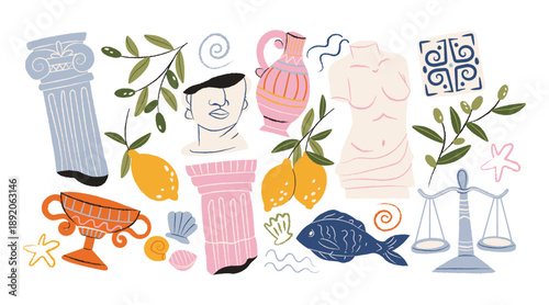 Ancient Greece stickers in retro cartoon style. Classical decor objects: columns, amphora, bust sculpture, lemons, olive branches, fish, scales. Mediterranean mythology elements of ancient Greek 