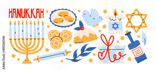 Hanukkah holiday stickers in retro cartoon style. Jewish celebration objects: menorah, dreidel, candles, star, gifts, traditional food.Cultural religious winter festival elements, festive illustration