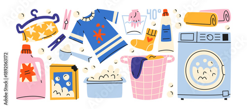 Laundry and washing clothes stickers in retro cartoon style. Household items: washing machine, detergent bottle, laundry basket, clean clothes, towels. Home cleaning routine concept for daily chores