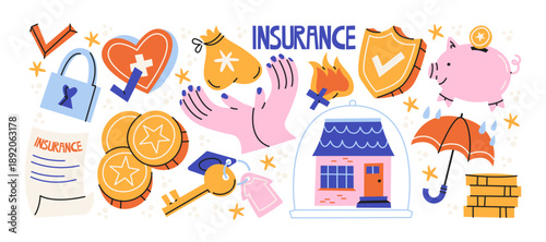 Insurance protection stickers in retro cartoon style. Financial safety objects: house, health, life, property, savings, shield, lock, documents. Risk management and security concept illustration set