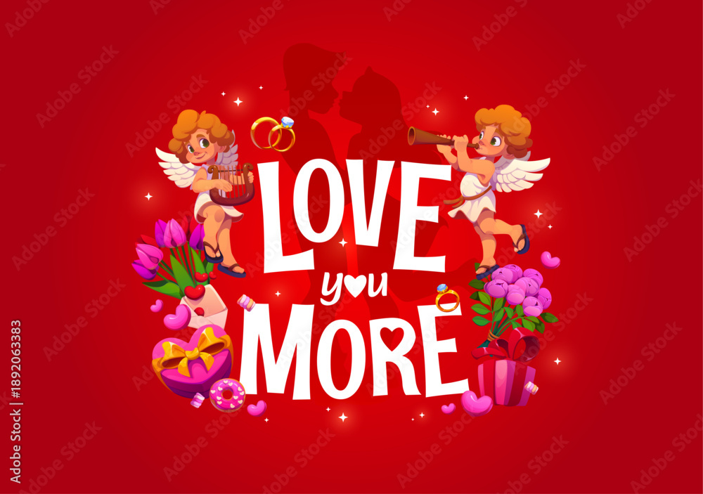 Fototapeta premium Valentine day greeting card with quote Love You More, cartoon vector. Cute cupid cherubs or angels playing harp and flute with bride and bridegroom kiss silhouette, Valentine flowers and wedding gifts