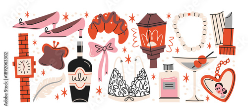 Elegant 90s fashion stickers in retro cartoon style. Luxury items: high heels, wristwatch, perfume bottle, lipstick, lingerie, jewelry, cocktail glass. Chic feminine lifestyle concept 