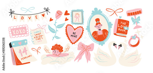 Valentine’s Day romantic collection in retro cartoon style. Cupid, heart, love letter, wine, cake, swans, roses, key and lock, mirror and doves. Illustration for romance, wedding and celebration. 