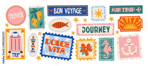 Travel journey stickers in retro cartoon style. Vintage stamp elements: suitcase, lighthouse, fish, anchor, sun, bon voyage labels, decorative frames. Vacation and adventure concept 