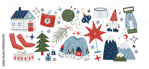 Cozy Scandinavian winter stickers in retro cartoon style. Nordic elements: wooden house, wool socks, sweater, candle, pine tree, mountains, snowflakes. Hygge winter comfort concept inspired by Nordic 
