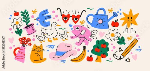 Cartoon doodle y2k patches, labels, tags, stickers, stamps in retro. Groovy cute stickers in funky hipster grunge 90s style. Vector set, trendy promo labels