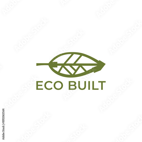 Minimalist leaf icon with architectural lines for sustainable construction and green building company identity titled Eco Built logo