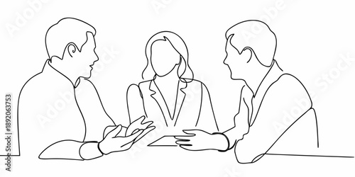 Three people in a meeting depicted as a single continuous line drawing