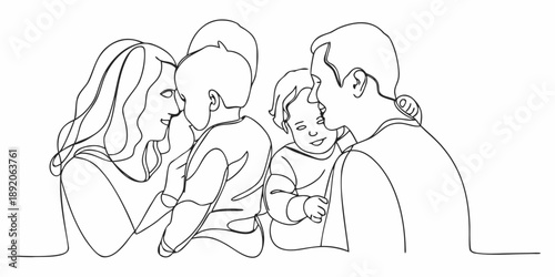 Line drawing depicting a close knit family of four interacting warmly