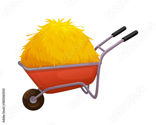 Cartoon farm wheelbarrow filled with a heap of golden yellow hay. Isolated vector rustic farming stray harvest, symbolizing agriculture and countryside work, rural autumn decoration or farm life
