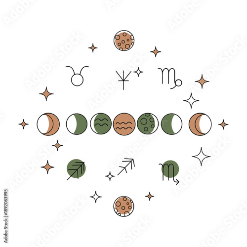 Celestial themed illustration with moon phases, zodiac symbols, and stars crescent moon full moon