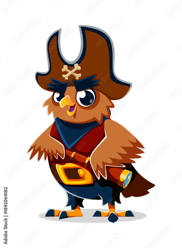 Naklejka premium Cartoon owl bird pirate crew character Holding spyglass. Captain and corsair sailor owlet wearing a tricorn hat. Isolated adventurous swashbuckler woodland zoo personage, ready for maritime adventures