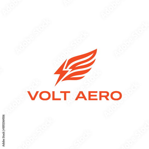 Modern electric wing and lightning bolt icon for aviation technology and fast delivery services branding under the name Volt Aero