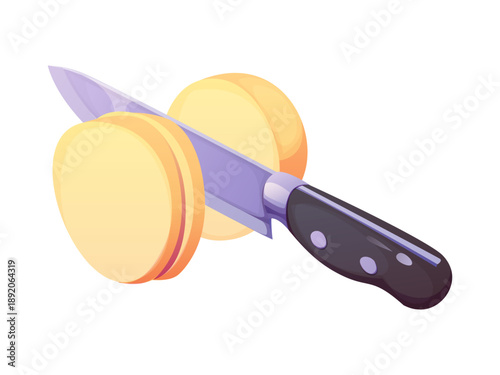 Knife cutting a potato on circular slices, representing cooking preparation process. Cartoon vector ripe potato vegetable tuber is being cut with a sharp knife. Culinary, kitchen, home food meals cook