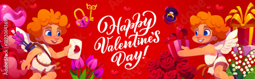 Valentine day banner with joyful cartoon cupids exchanging love letter and gift, surrounded by roses, tulips, heart shaped balloons, key, lock and romantic symbols on a bright festive red background
