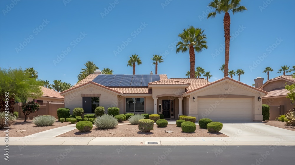 Fototapeta premium Modern suburban luxury home with solar panels and palm trees under clear blue sky