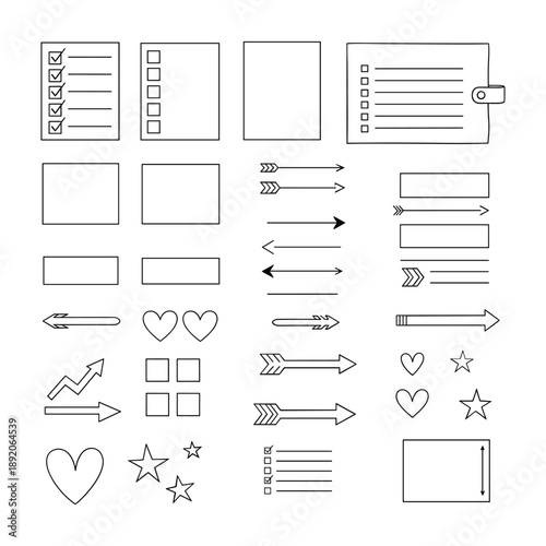 Assortment of hand-drawn style bullet journal and planner elements including arrows boxes and shapes