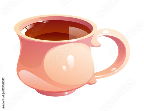 Cartoon tea cup drink. Ceramic cup filled with hot tea beverage in a warm brown shade. Black or herbal tea with flower aroma in glossy mug. Vector chinese teacup with handle with hot breakfast drink